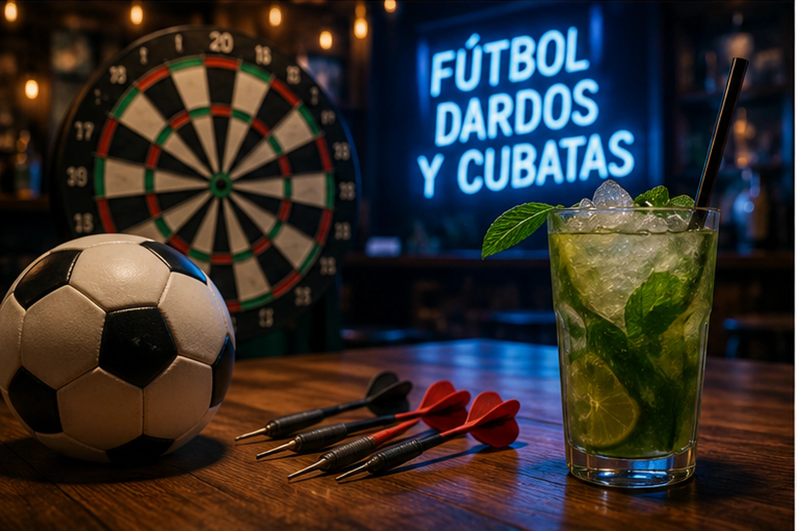 Bal&oacute;n de f&uacute;tbol, diana y vaso de combinado