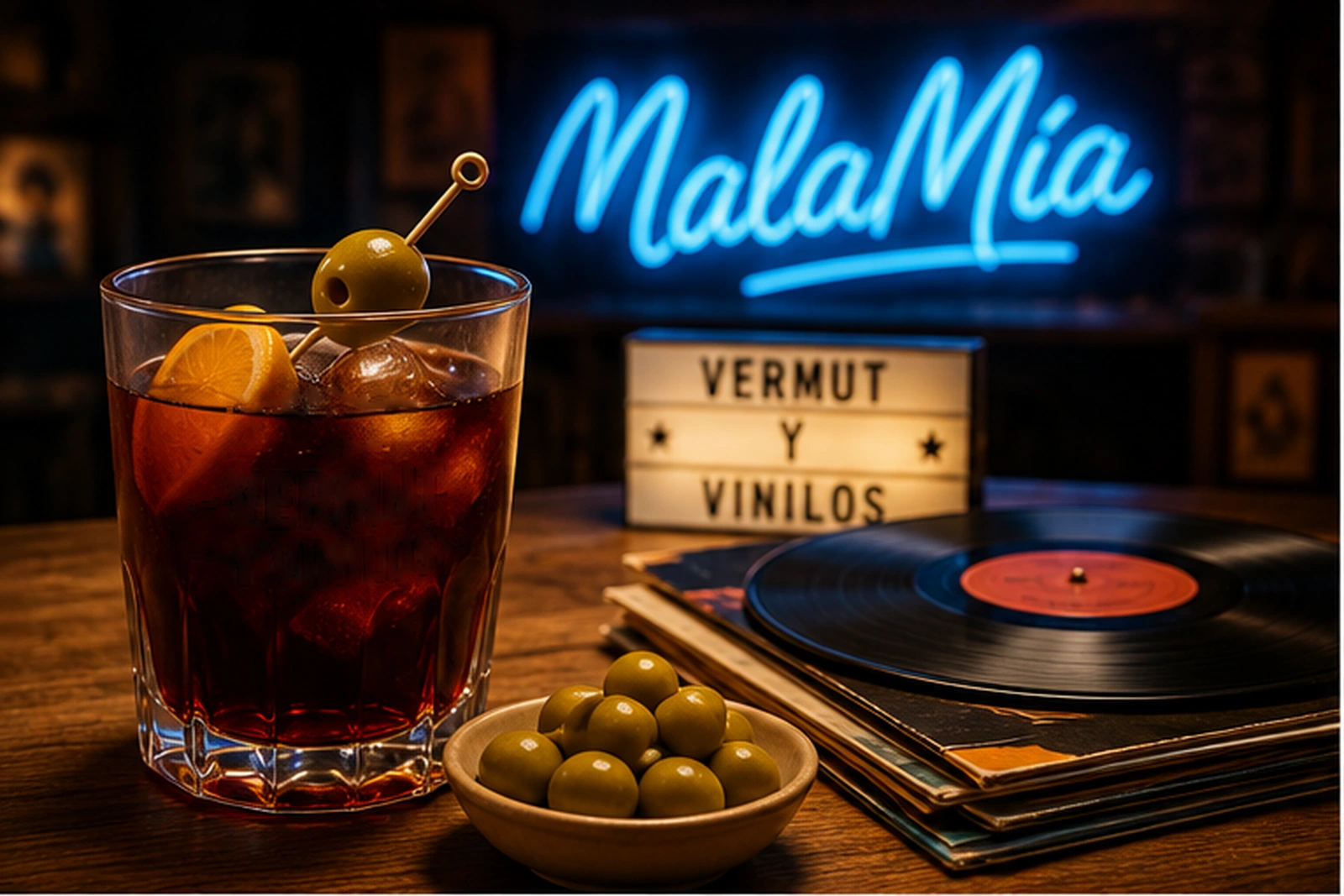 Dos copas junto a un tocadiscos y discos de vinilo